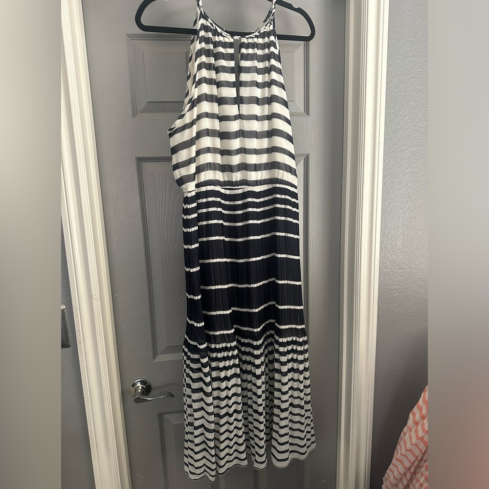 Maison Jules NWT Pleated midi tie back neck. Sm makeup smudge inside neckline.